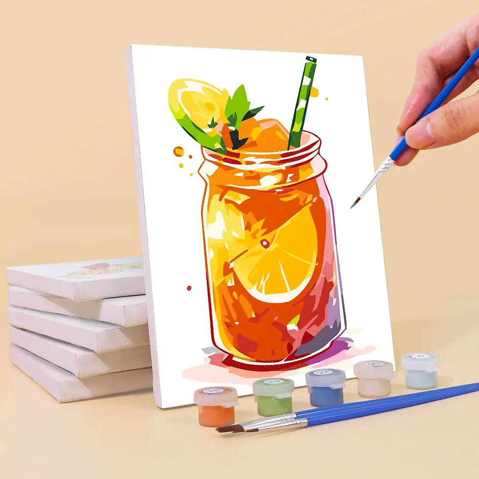 Close-up of a hand using a fine paintbrush over an orange summer drink with citrus slices canvas.