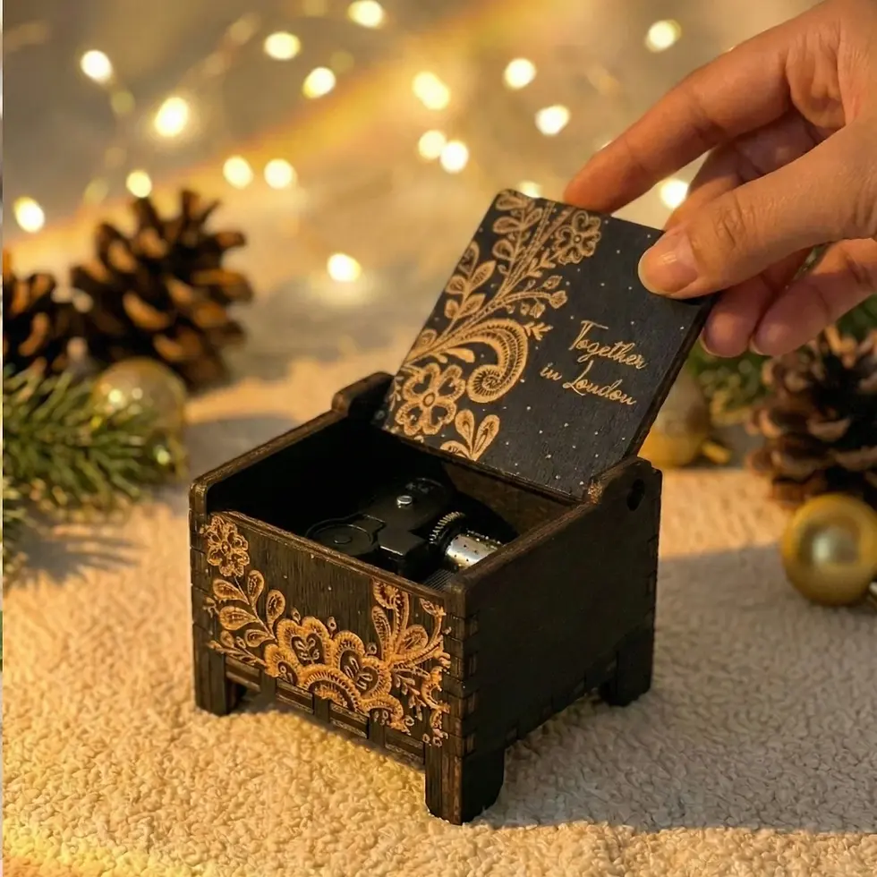 A person holding an open black wooden music box, showcasing the romantic inner lid with golden engravings.