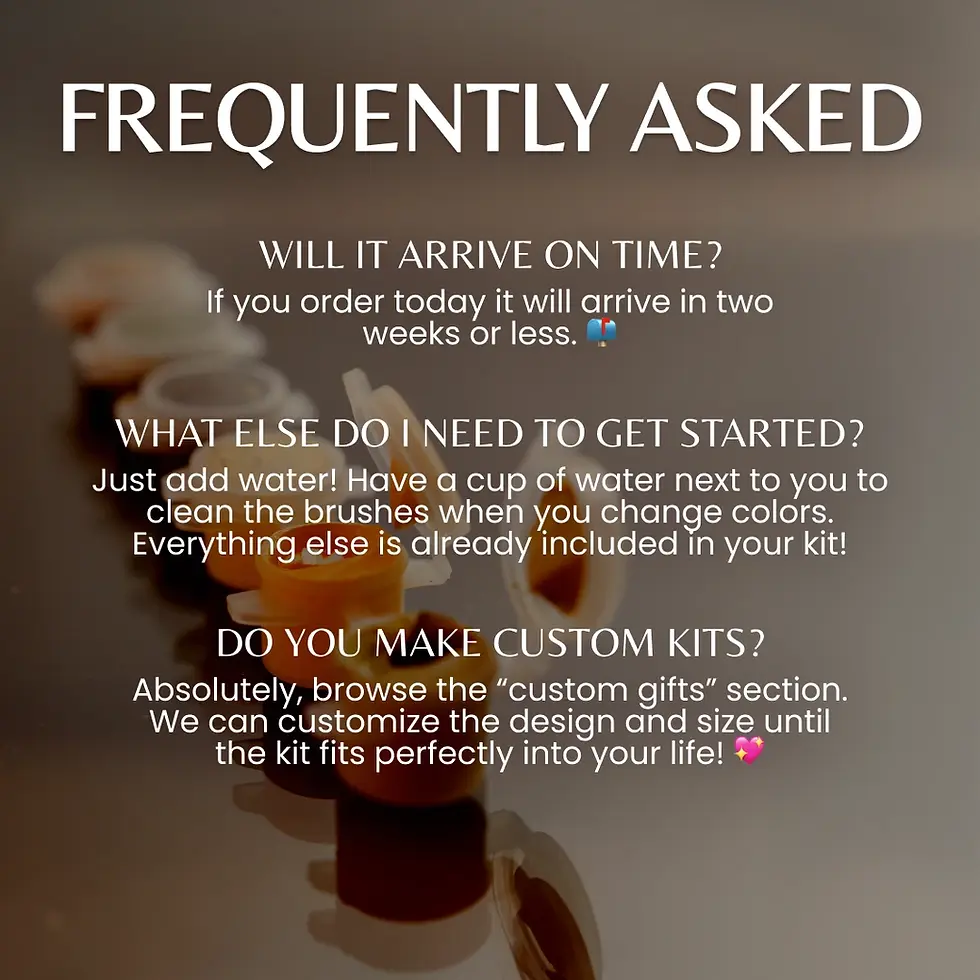 Miniatura: Frequently asked questions about the paint by numbers kit, including shipping time and required items.