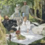 Claude Monet’s 1866 Impressionist oil painting of a family having a picnic in a green garden.