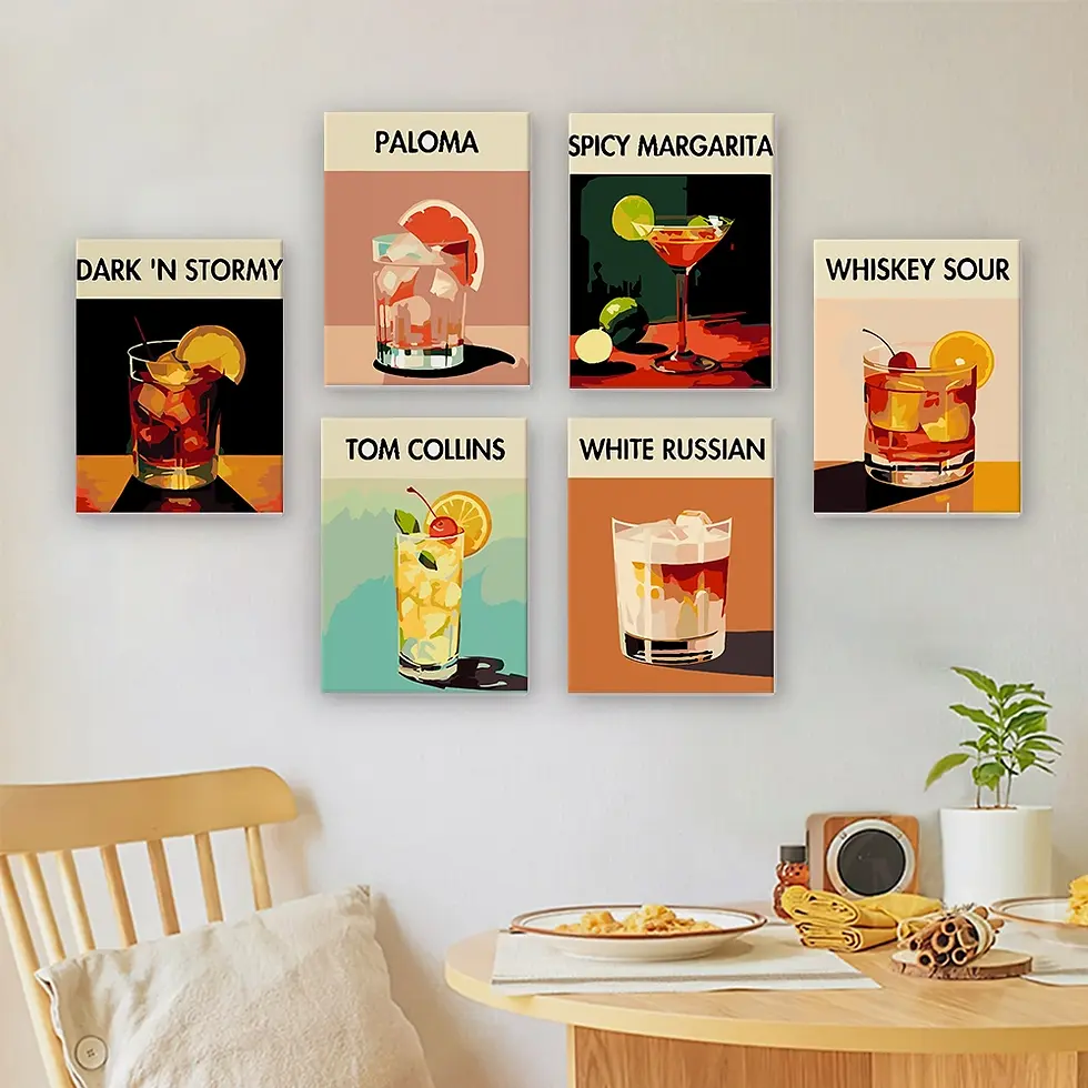 Complete cocktail paint by numbers for adults kit featuring six canvases, paints, and brushes for DIY wall art.