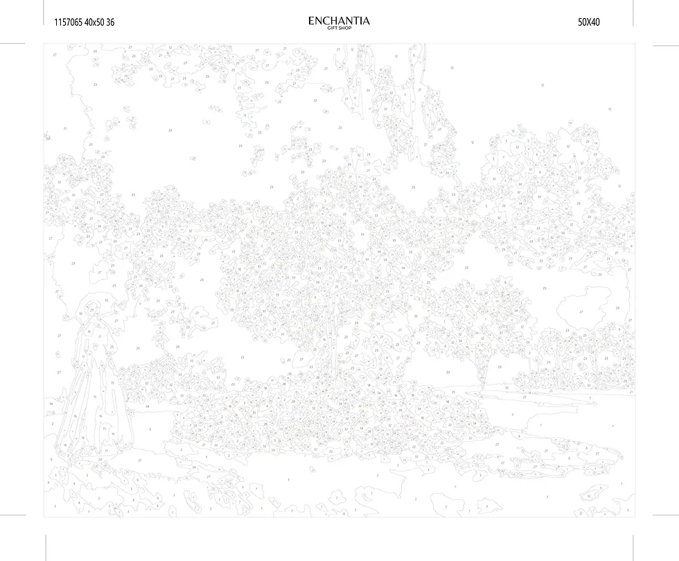 Thumbnail: A detailed black-and-white line art outline of the Woman in the Garden painting on a white canvas.