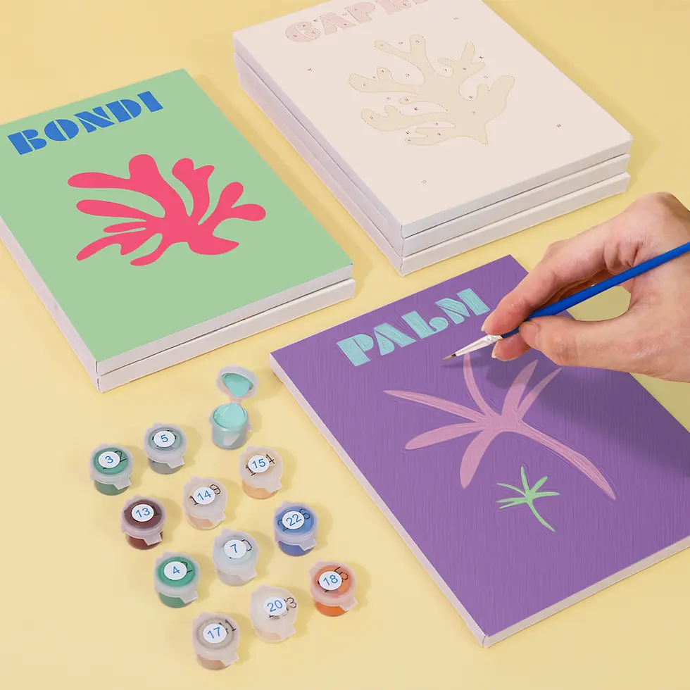 Thumbnail: Close-up painting of a purple Palm tree design on a paint by numbers canvas, surrounded by blank numbered canvases and paint