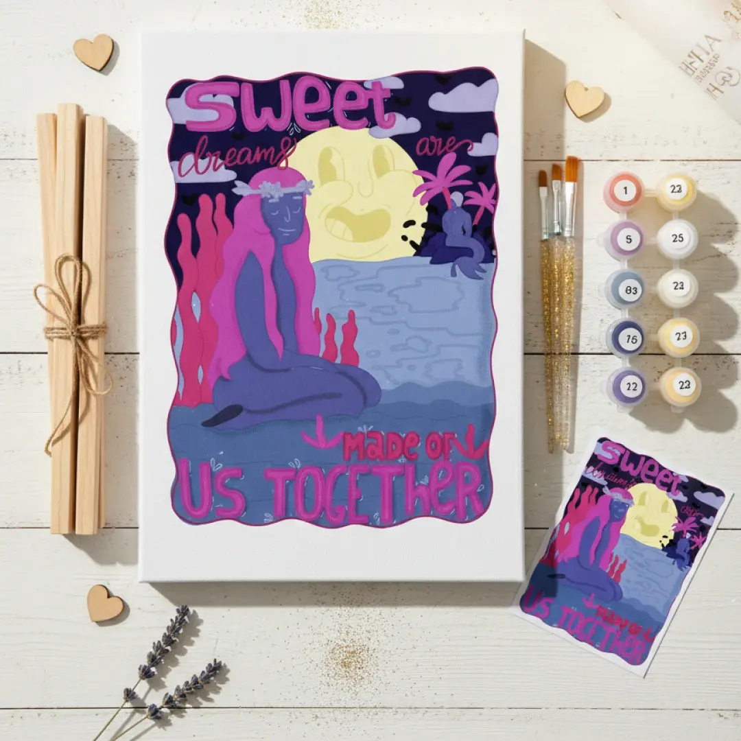 The completed 'Sweet dreams' paint by numbers, displayed with the kit's brushes, paints, and color guide on a wooden table.
