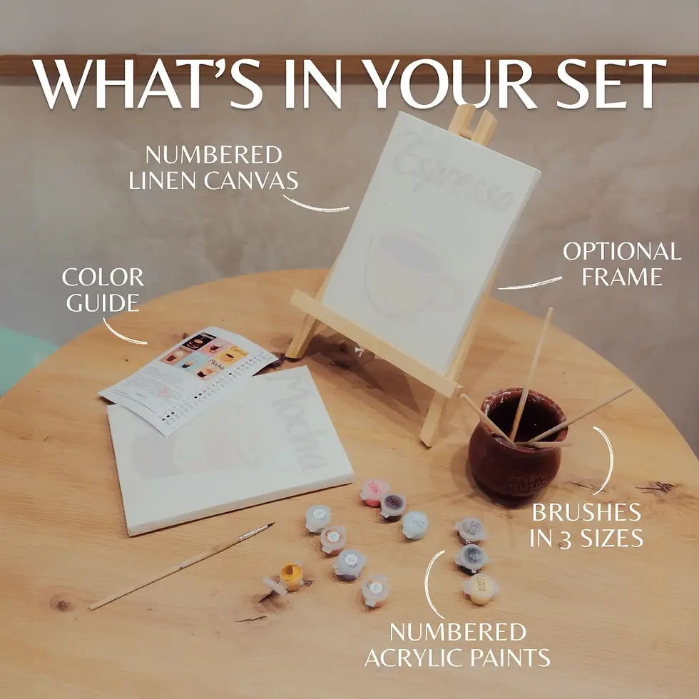 Miniatură: Full contents of the paint by numbers kit, including numbered canvas, acrylic paints, brushes, color guide, and wood frame.