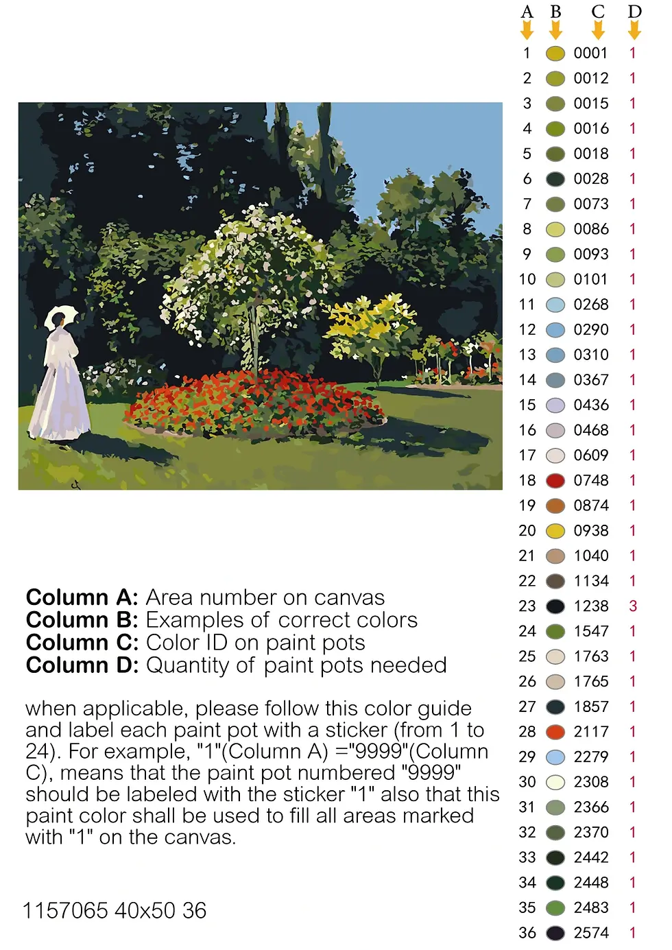 Thumbnail: A color-coded paint-by-numbers template of Monet’s Woman in the Garden artwork with an adjacent numbered paint pot legend.