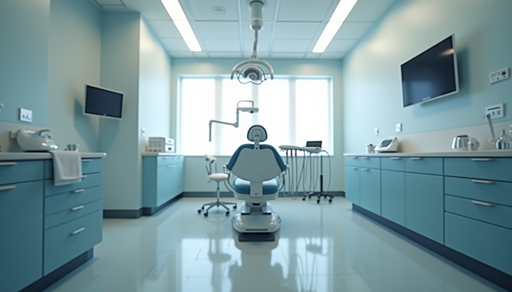 Eye-level view of a dental office treatment room with modern equipment