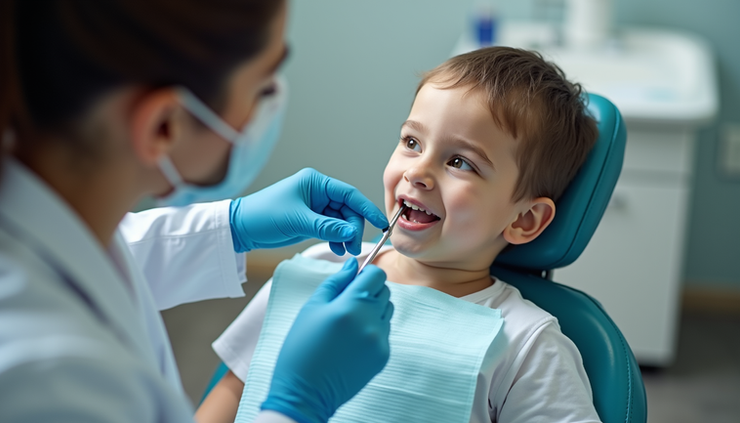 High angle view of a smiling patient sitting in a dental chair during a checkup at Lakemoor Dental
