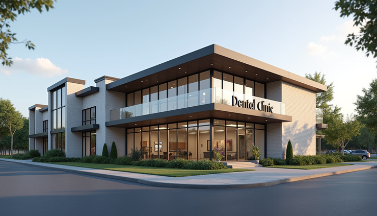 Eye-level view of a modern dental clinic exterior in Lakemoor