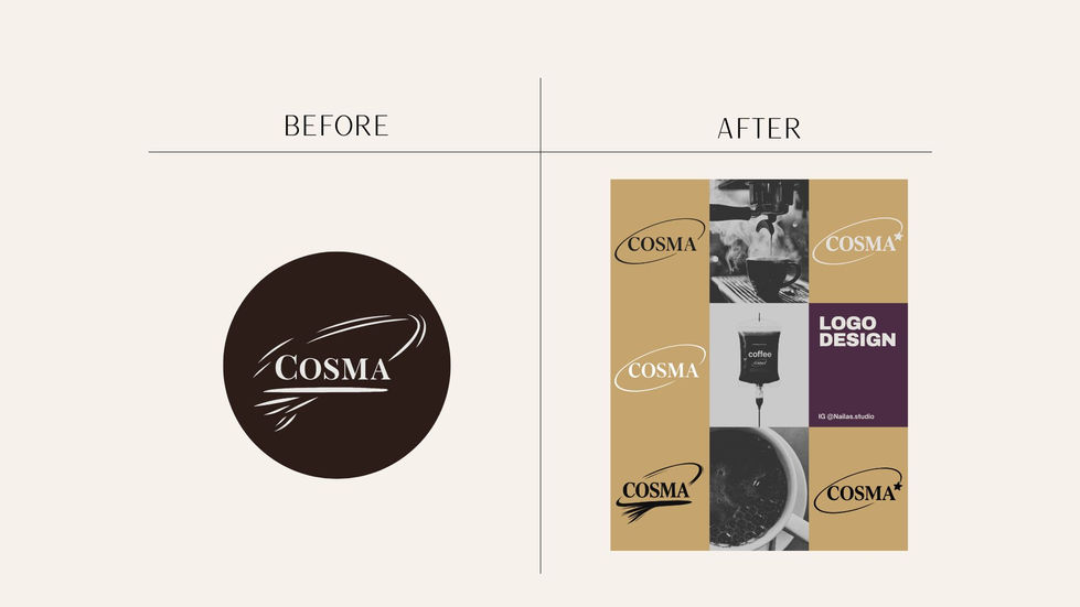 COSMA Coffee brand redesign showing original logo and updated brand visuals.