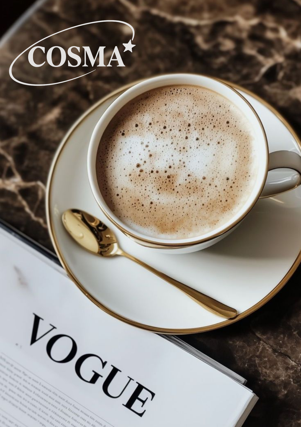 Cup of coffee with COSMA branding alongside a magazine in an editorial style setting