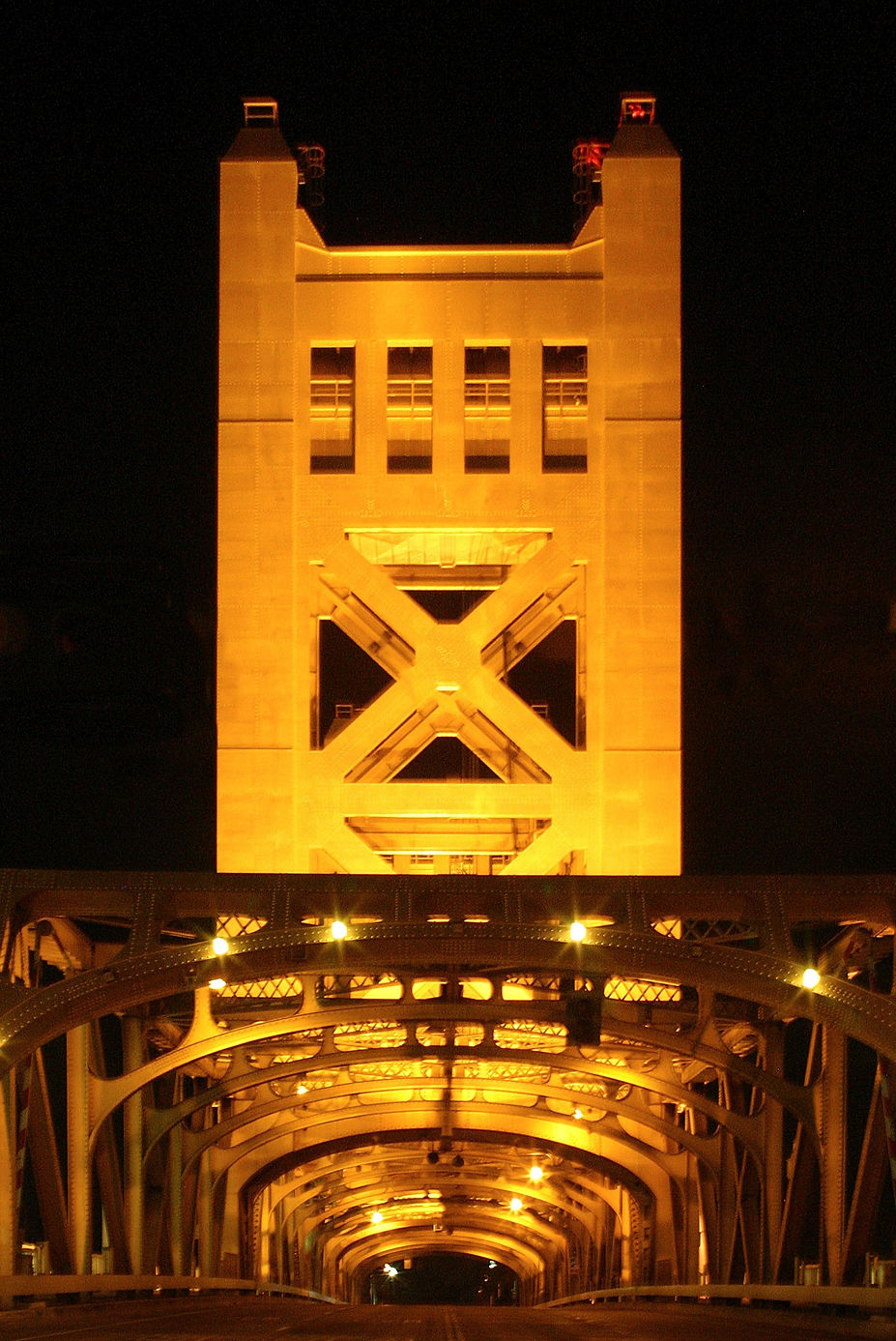 Color photograph of the mid 1930s lift bridge in Sacramento. Signed, titled, matted and framed