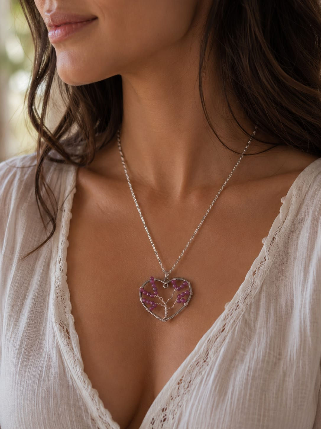 Ruby Tree Heart Pendant Necklace.