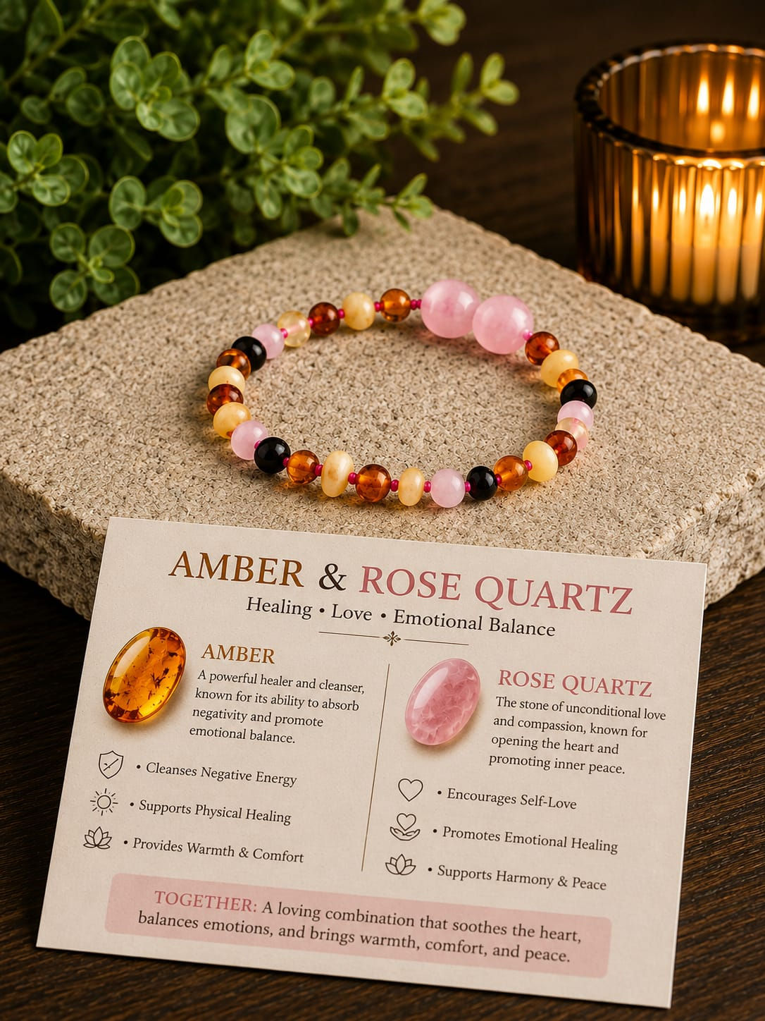 Amber And Rose Quartz Baby Teething Bracelet.