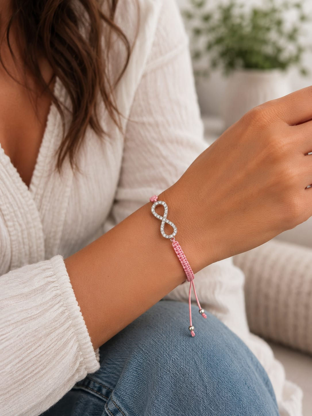 Diamante Infinity Pink Macrame Adjustable Bracelet.