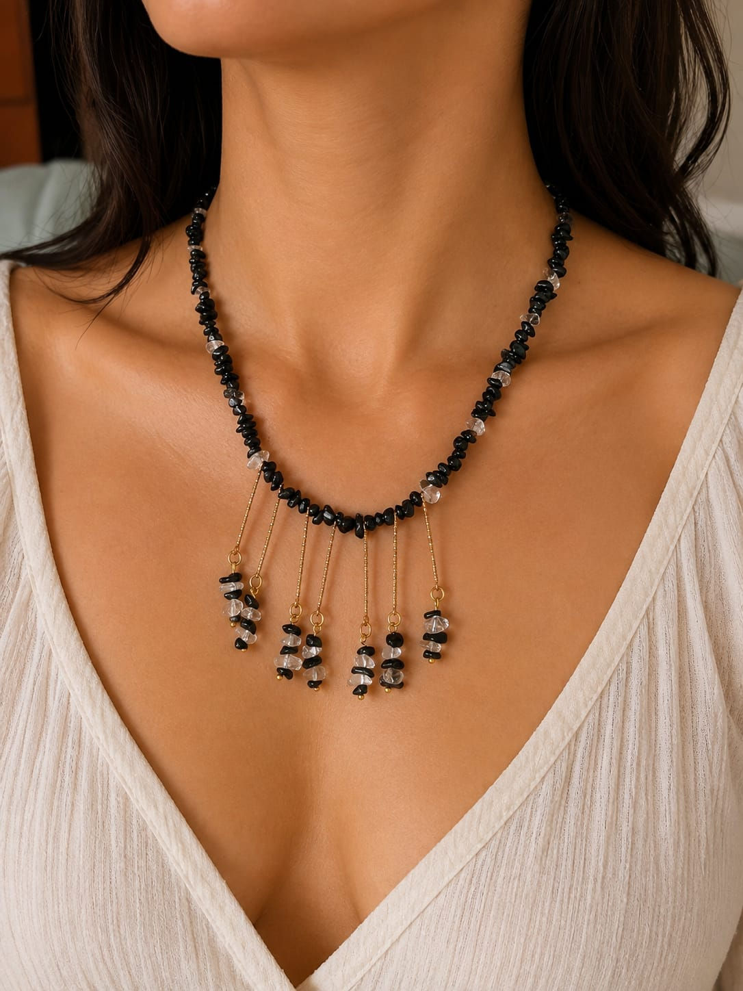 Black Spinel And Clear Quartz Tassel Choker Necklace.
