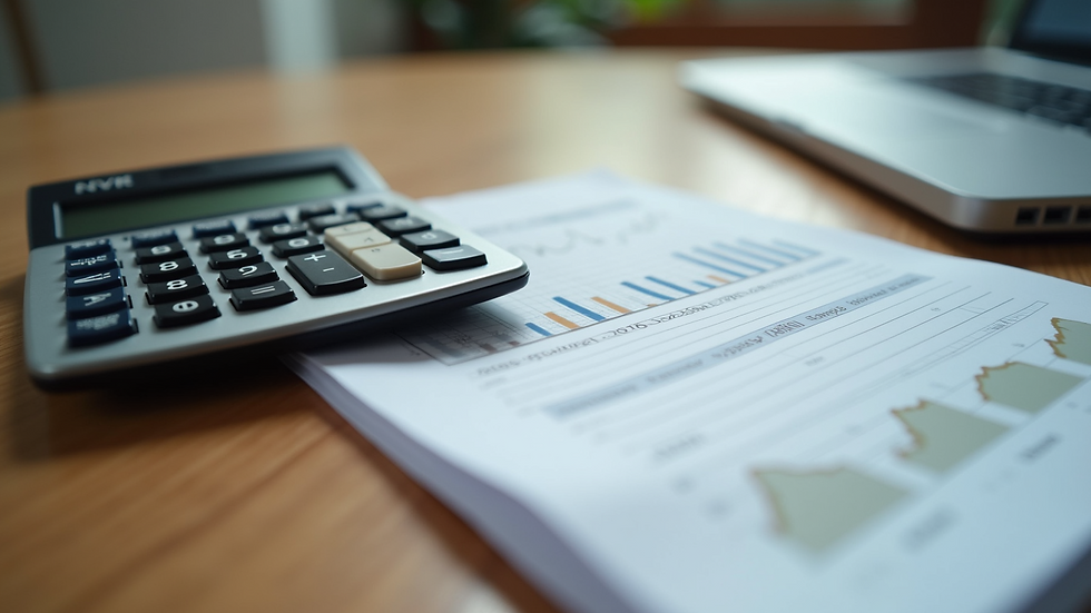 High angle view of a calculator and financial documents on a wooden table