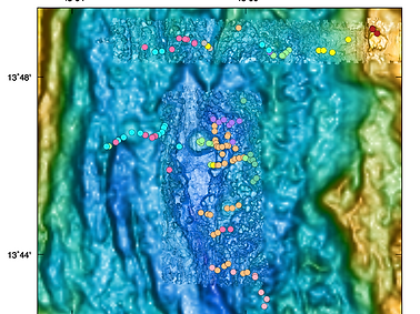 Bathymetric map of the seafloor with icons denoting where samples were collected