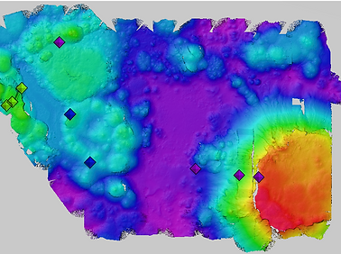 Bathymetric map of the seafloor with icons denoting where samples were taken