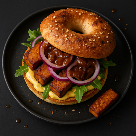 Bagel mit Räuchertofu, Zuckerl-Zwiebel & Senfcreme