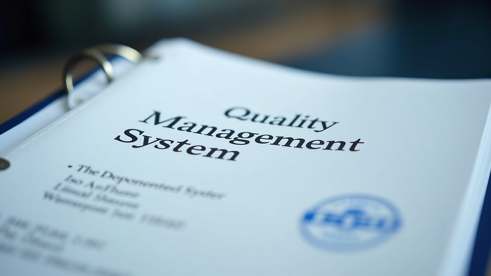 Close-up view of a binder labelled 'Quality Management System' with ISO 9001 documents inside