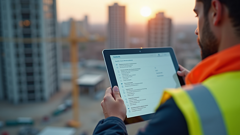 Close-up view of a digital tablet displaying a quality checklist on a construction site