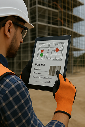 Engineer using a digital tablet for QA inspection in the field