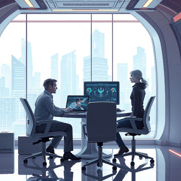 an image of two people collaborating at a large desk with multiple computers