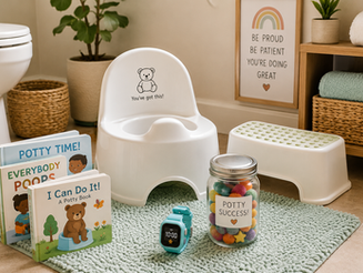 “Calm and sensory-friendly potty training setup featuring a toddler potty chair, step stool, potty watch, children’s books, and reward jar in a warm, welcoming bathroom.”