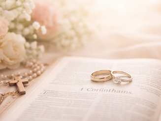 Wedding rings placed on an open Bible in warm light, representing a God centered marriage built on Scripture, grace, effort, and obedience