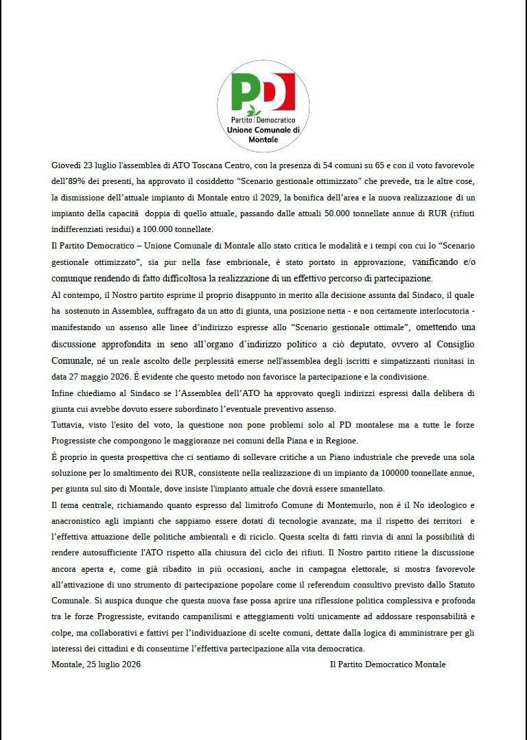 La nota del Pd di Montale