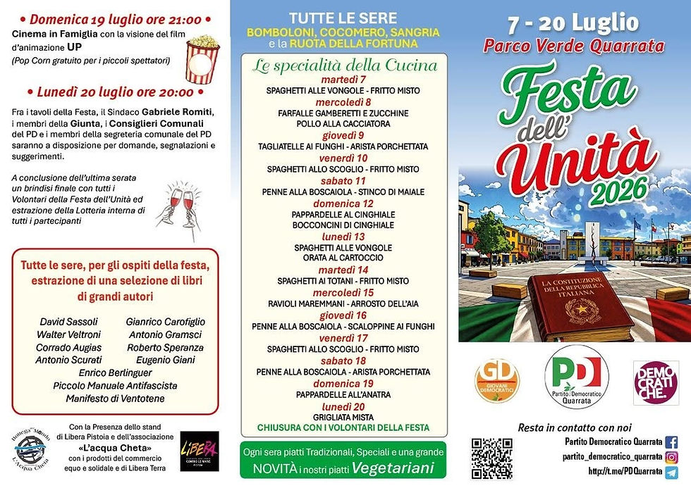 quarrata. APRE LA FESTA DELL' UNITA' 2026: CULTURA, POLITICA, MUSICA E TRADIZIONE DAL 7 AL 20 LUGLIO