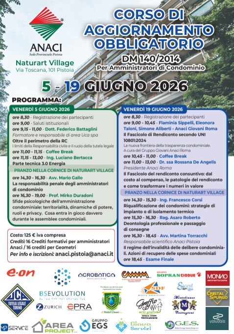 AMMINISTRATORI DI CONDOMINIO, SCATTA IL CORSO DI AGGIORNAMENTO OBBLIGATORIO. ANACI PISTOIA ORGANIZZA  DUE GIORNATE DI APPROFONDIMENTO A NATURART VILLAGE