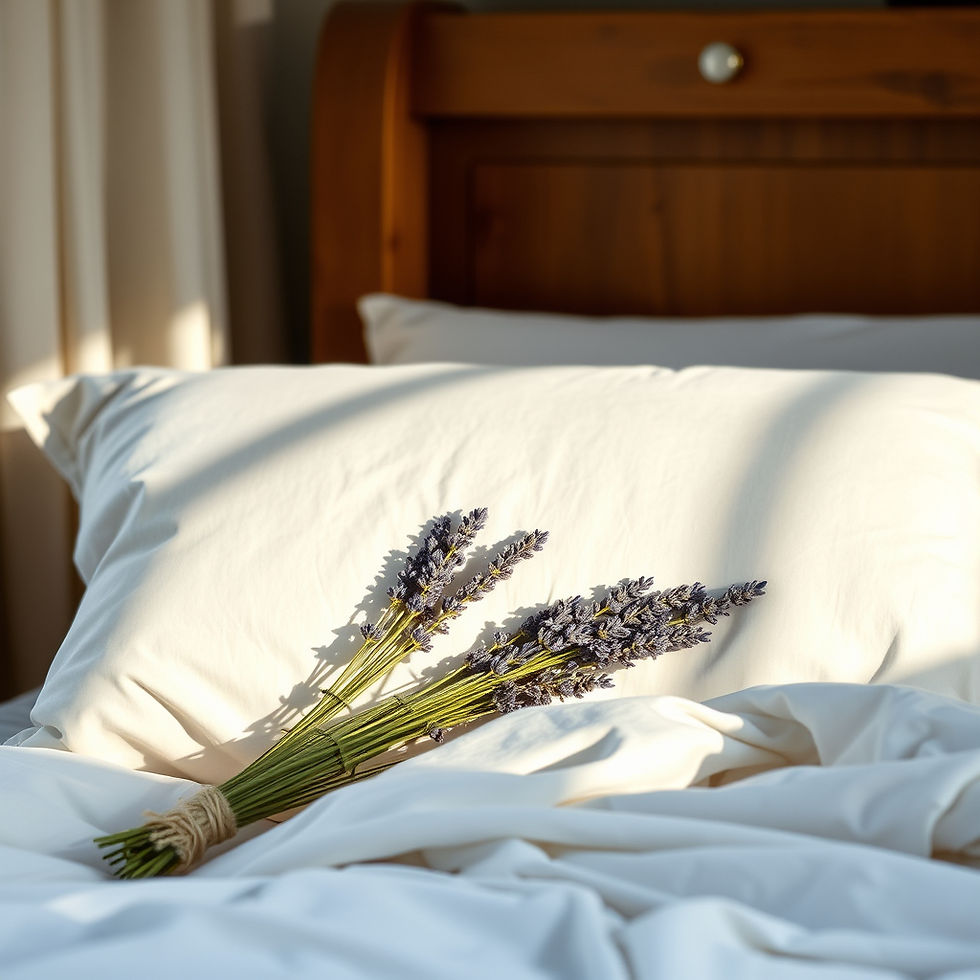 Sprigs of lavender rest on white bedding in a sunlit room with a wooden headboard, creating a calm and serene atmosphere.