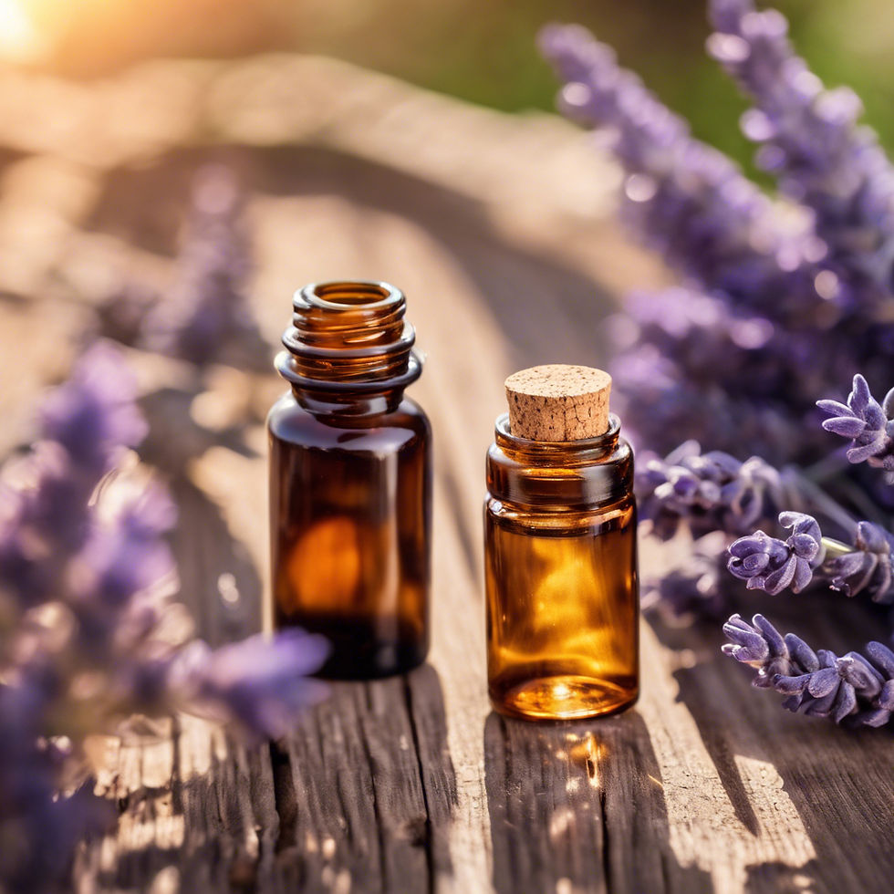 Two amber vials of essential oil on a wooden table in the sun surrounded by fresh lavender