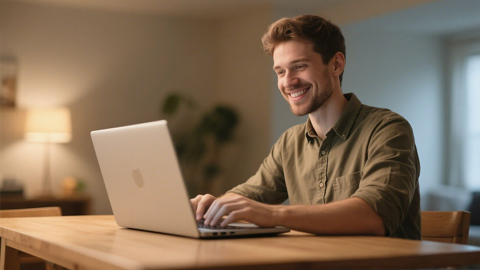 jimeng-2025-06-06-414-Make me a realistic image of a man working in his laptop smile and a