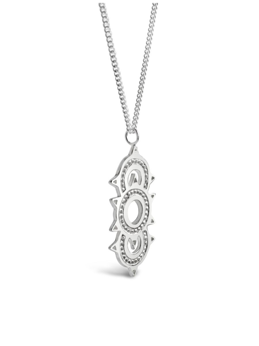 Thumbnail: textured silver pendant on long chain
