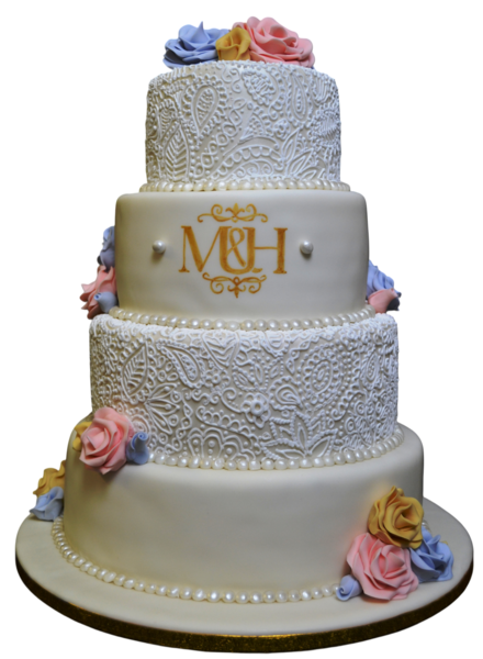 Four-tier wedding cake with sugar paste lace and pastel flowers.