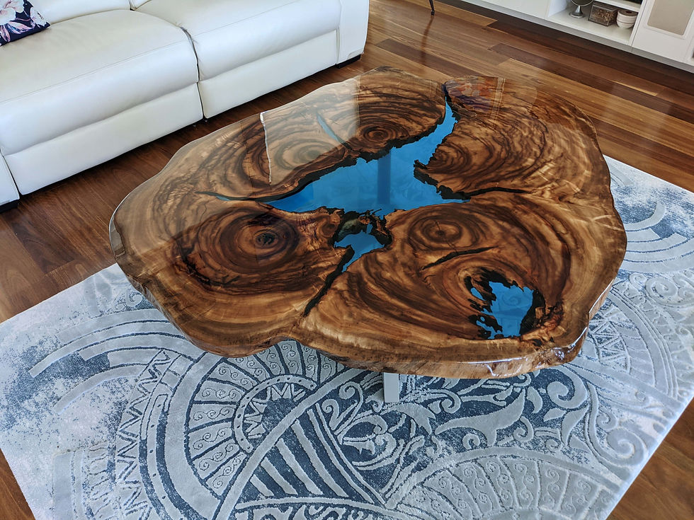Camphor crosscut blue resin coffee table.
