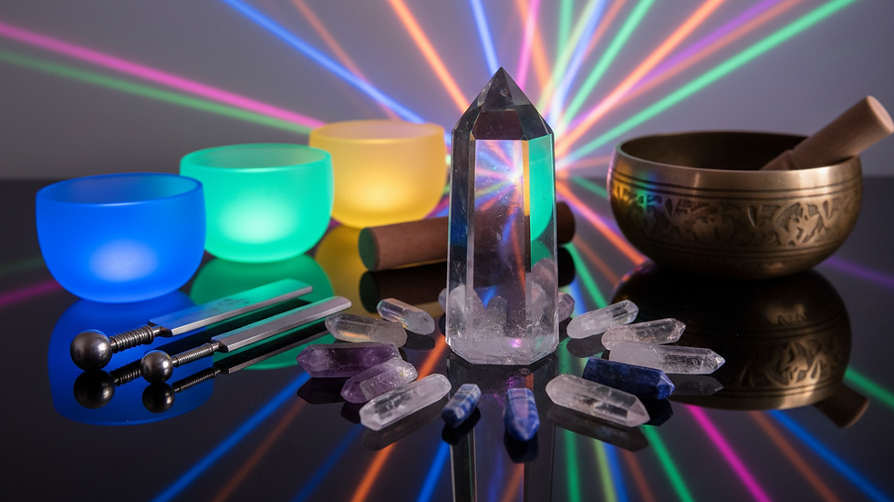 Eye-level view of a clear quartz crystal standing upright on a reflective surface