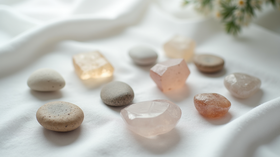Eye-level view of a crystal grid arranged on a white cloth with various stones