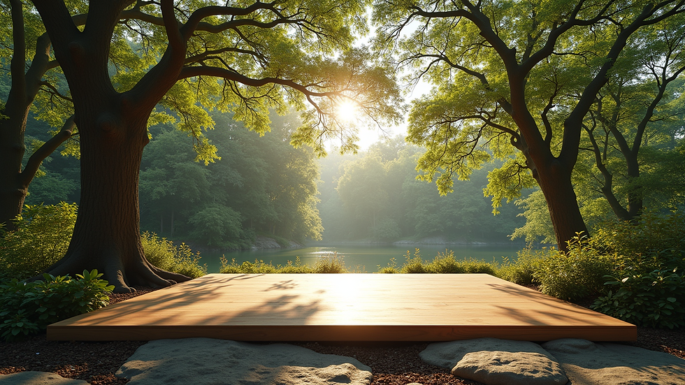 Wide angle view of a tranquil outdoor yoga platform surrounded by trees