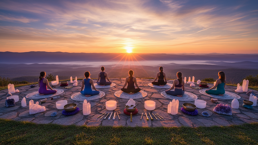 Wide angle view of a tranquil outdoor yoga session at sunrise
