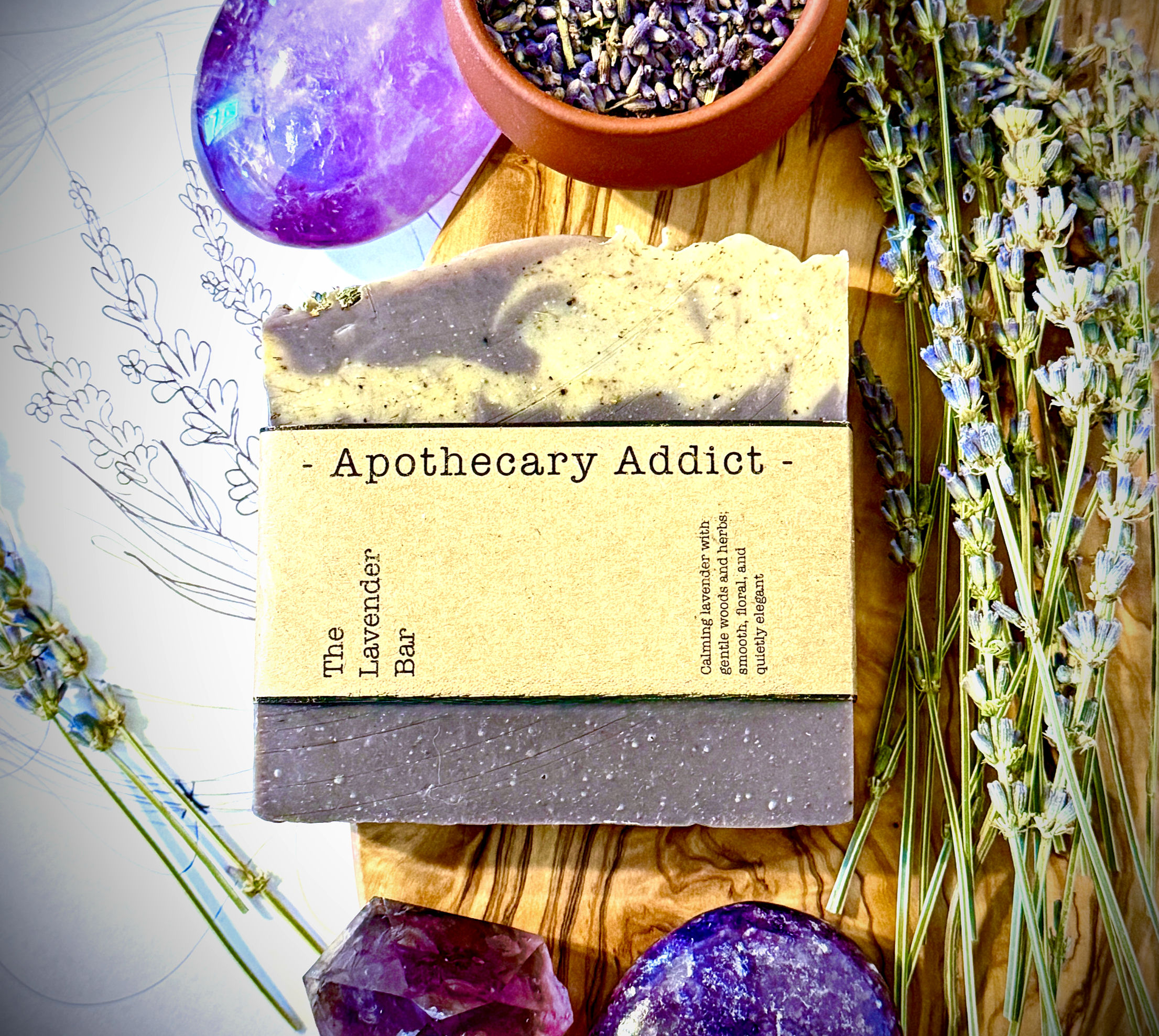 The Lavender Premium Soap Bar labeled, handmade lavender soap with violet botanical colors, artisan cold process soap