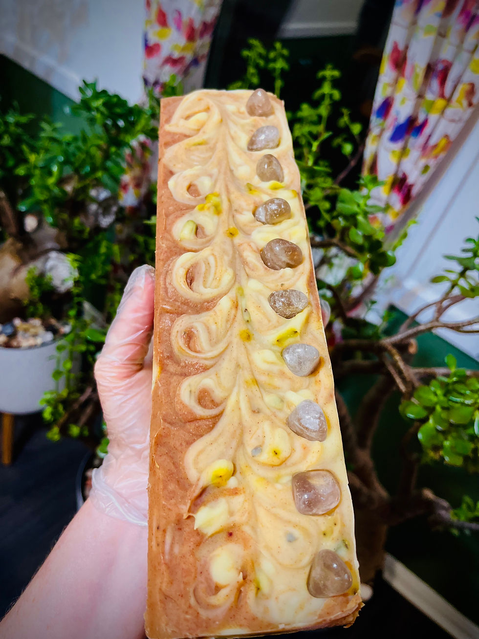 Thumbnail: Crystal Quartz Facial Cleansing Soap Bar loaf detail highlighting swirl pattern and crystal quartz stones
