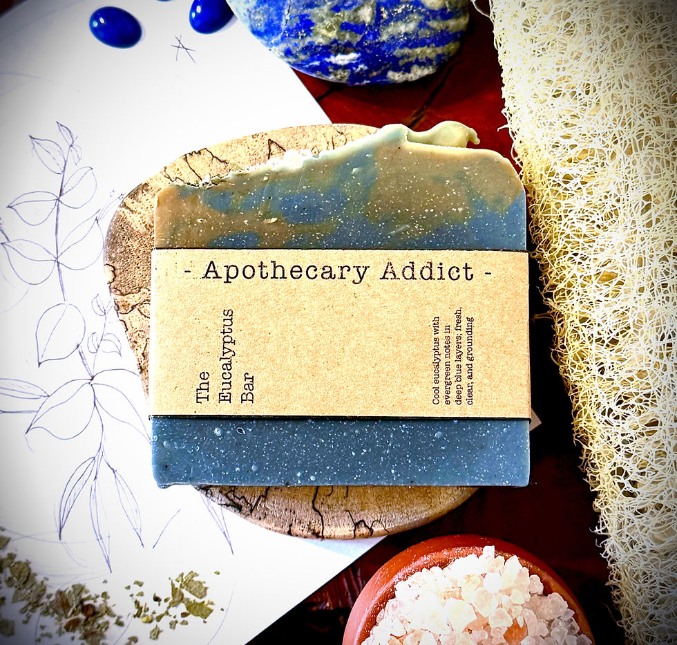 The Eucalyptus Premium Soap Bar labeled, handmade eucalyptus soap with blue and green layers, artisan cold process soap