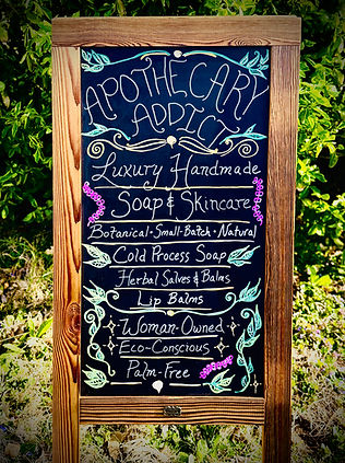 Apothecary Addict hand-drawn vending chalkboard sign with botanical styling