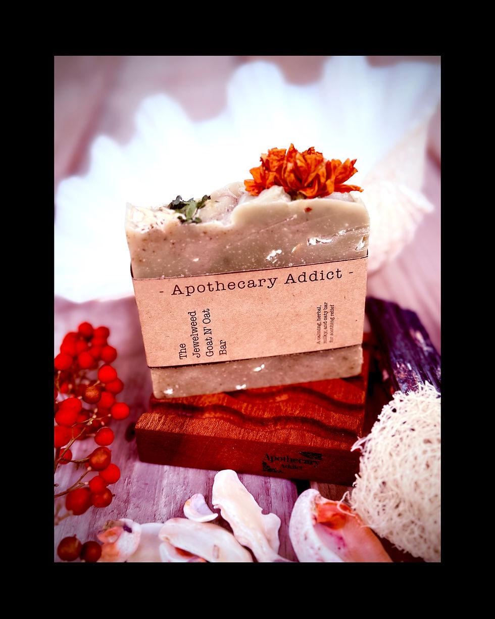 Thumbnail: Mahogany wooden soap dish holding Jewelweed Goat & Oat soap