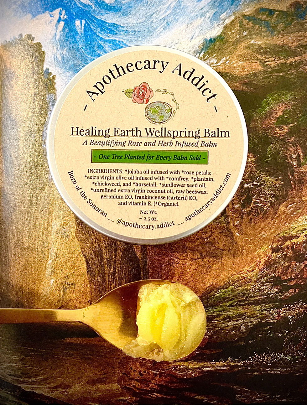 Thumbnail: Premium Healing Earth Wellspring Balm highlighting botanical ingredient list, balm texture, and hand-drawn label