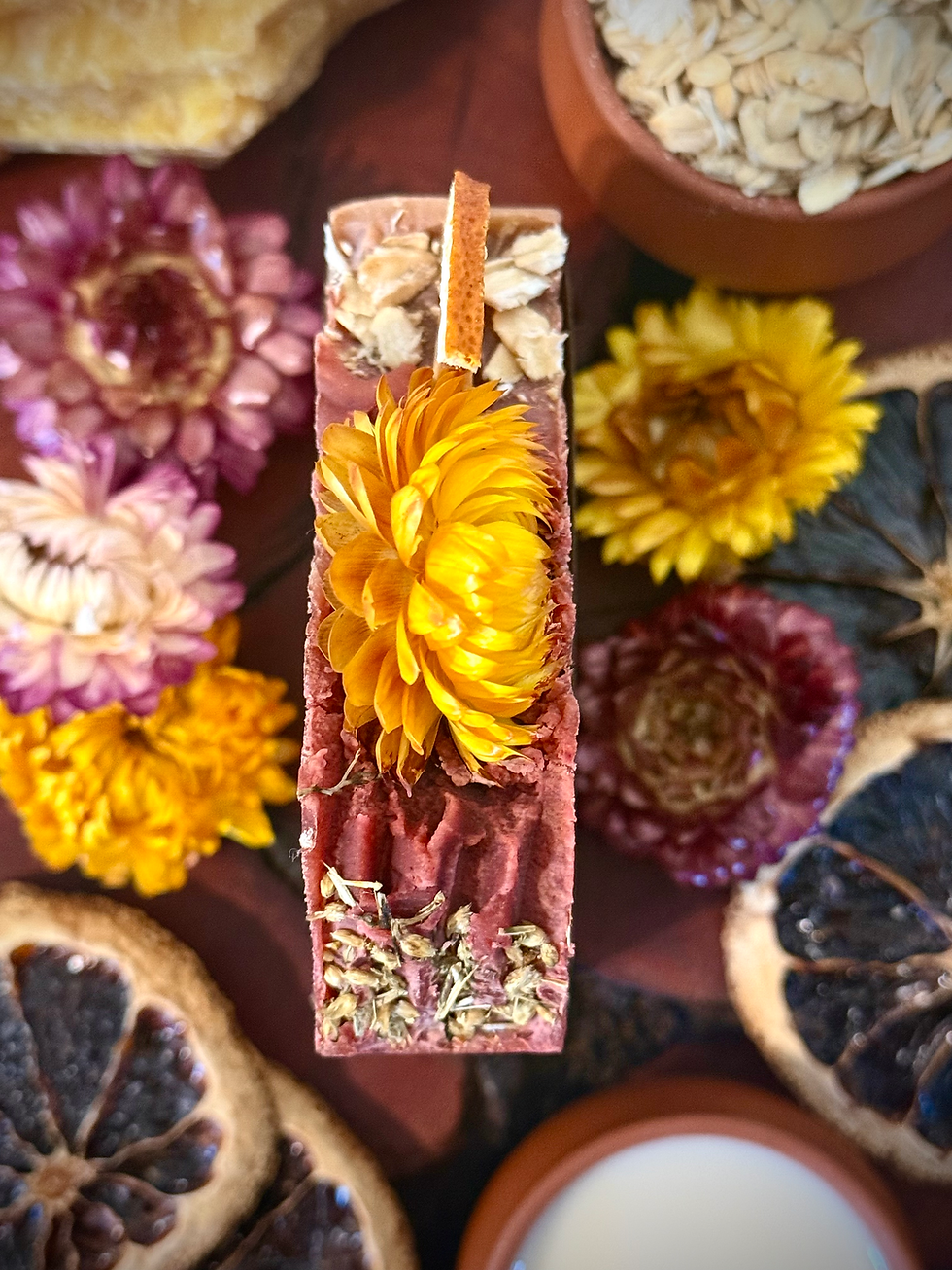 Thumbnail: Close detail of goat milk and oat integration with dried yarrow and flower